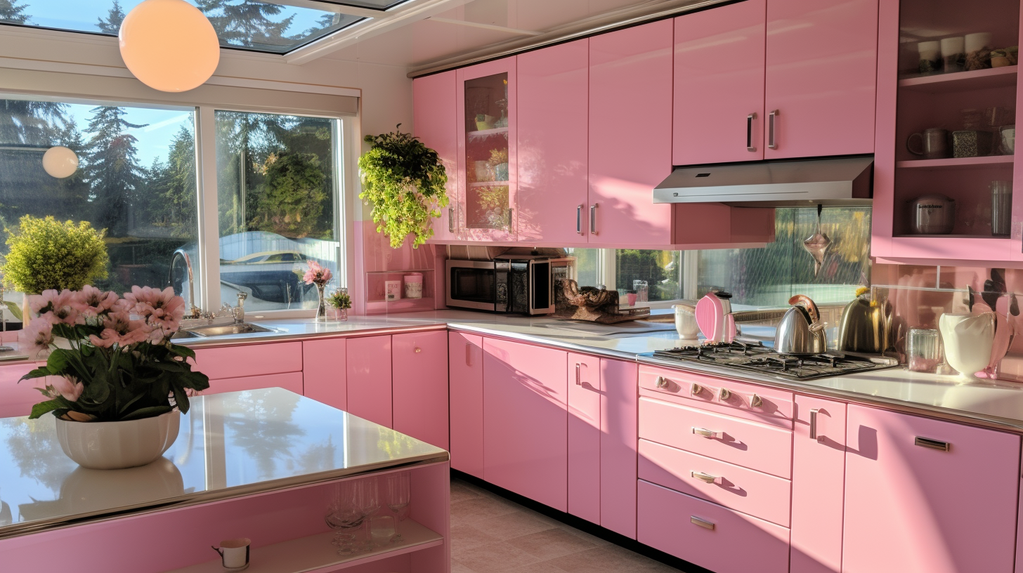 a close-up of a kitchen countertop, beautifully adorned with pink accessories. A shiny, modern pink kettle is the star of the show, alongside a row of blush-toned mugs on a wooden mug tree. A set of pink silicone utensils peeks from a ceramic holder, making a playful statement against the white countertop.