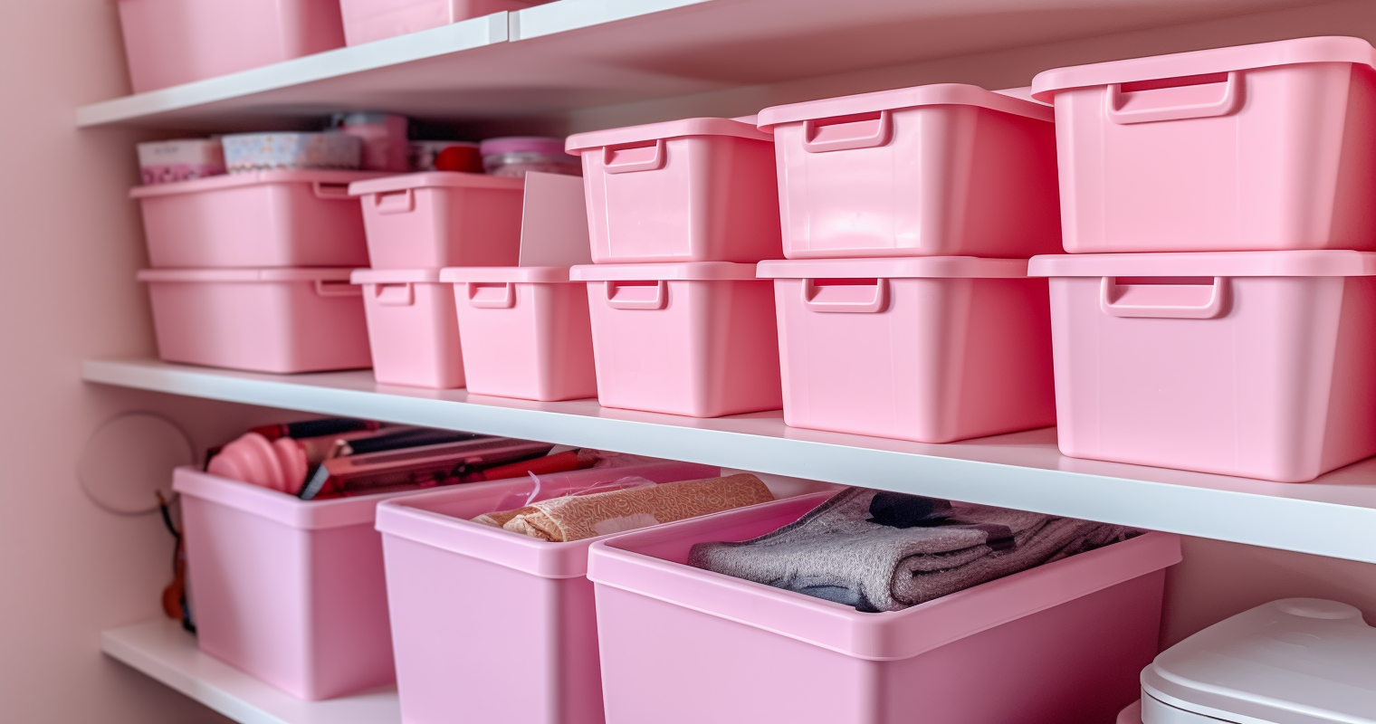 lots of pink storage bins