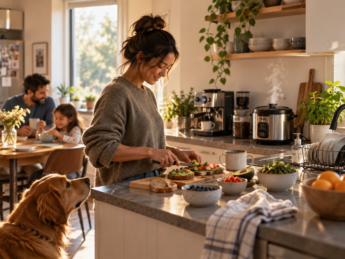 A family kitchen in use, with food preparation, countertop appliances, and dishes showing daily life and kitchen tools working together.